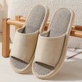 Women's open-toe linen slippers in light brown with a thickened sole.