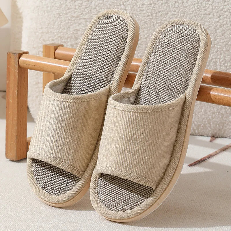Women's open-toe linen slippers in light brown with a thickened sole.