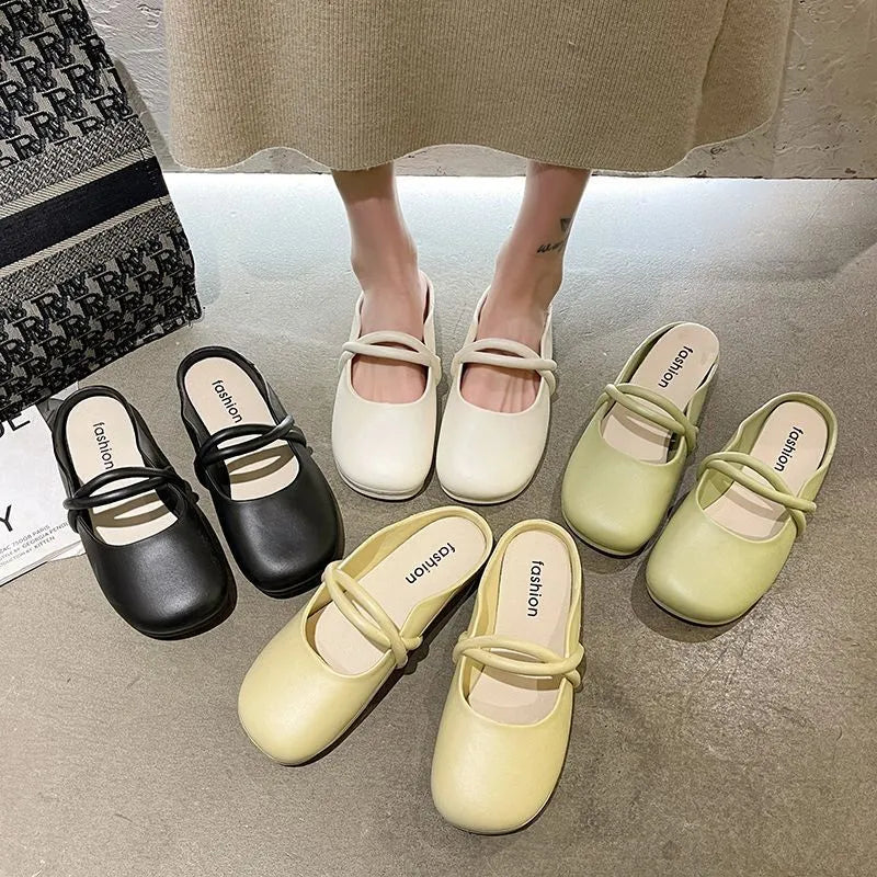 Women's Baotou flip flop sandals in plastic, shown in black, beige and green colour options.