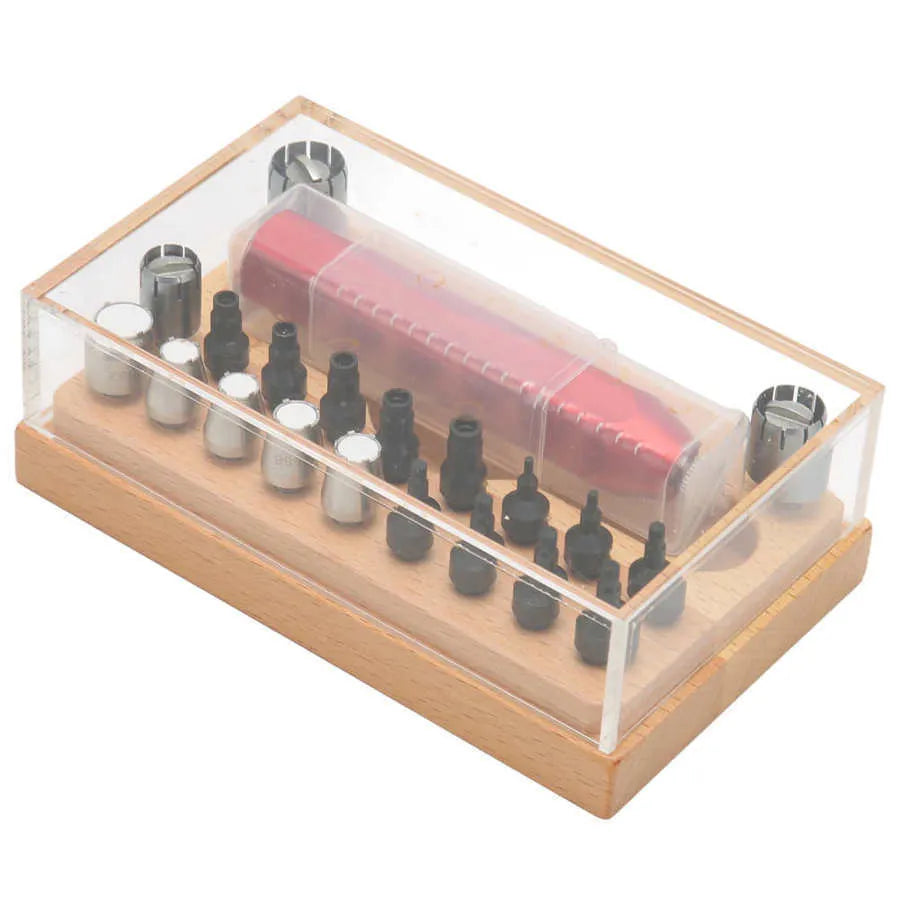 20-piece steel watch repair barrel-opening tool set on a workbench