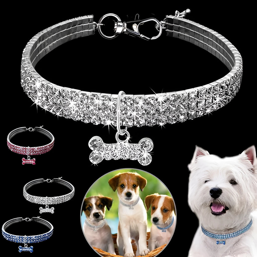 Rhinestone dog collar with crystal pendant in blue, white or pink for small dogs and cats