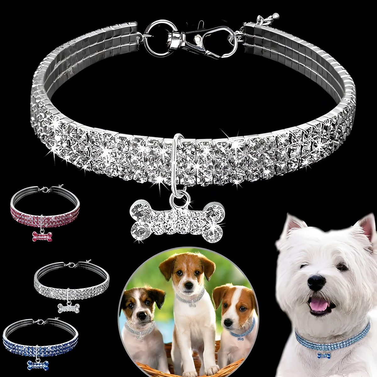 Rhinestone dog collar with crystal pendant in blue, white or pink for small dogs and cats