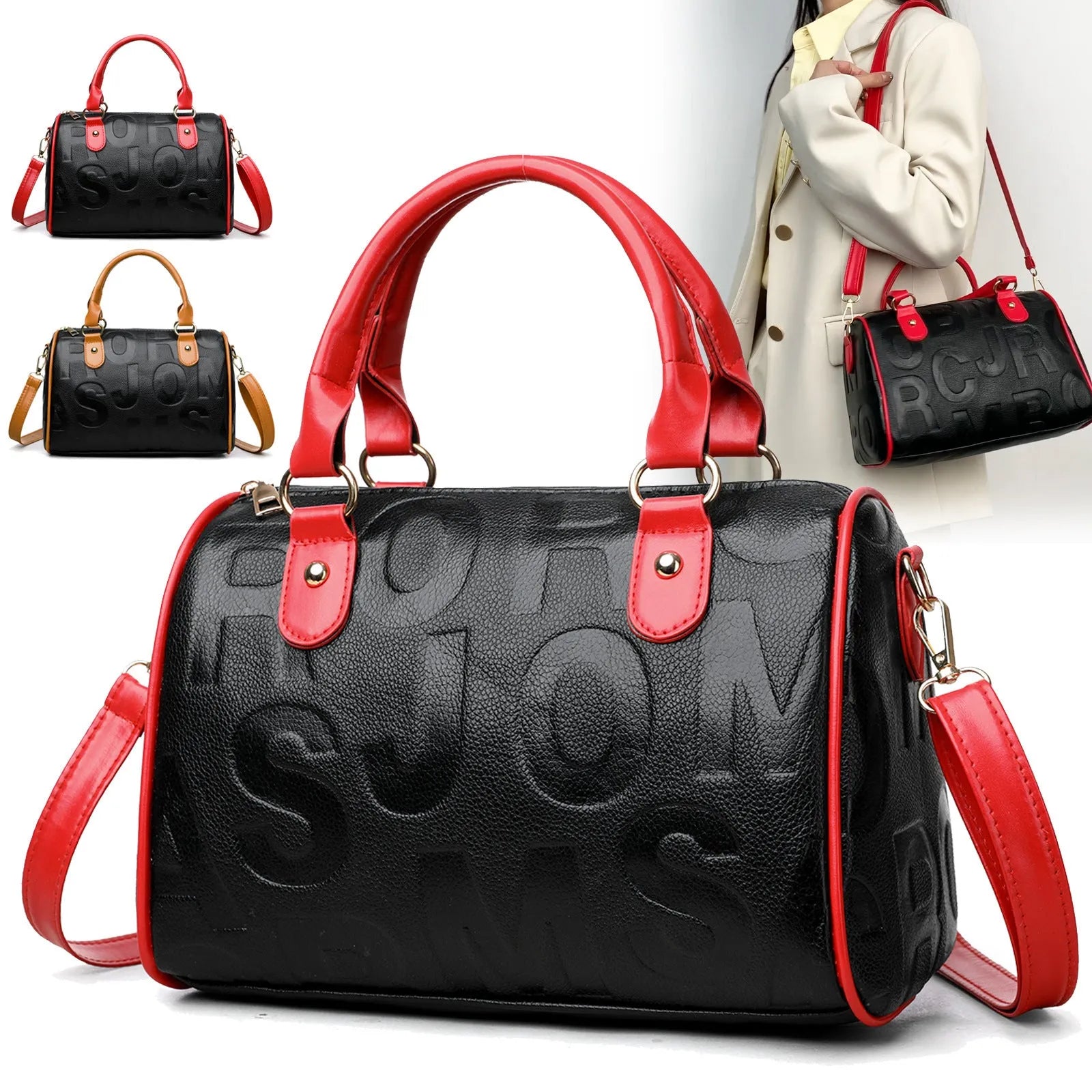 Brown cylindrical PU leather crossbody bag with three shoulder straps showing interior organisation
