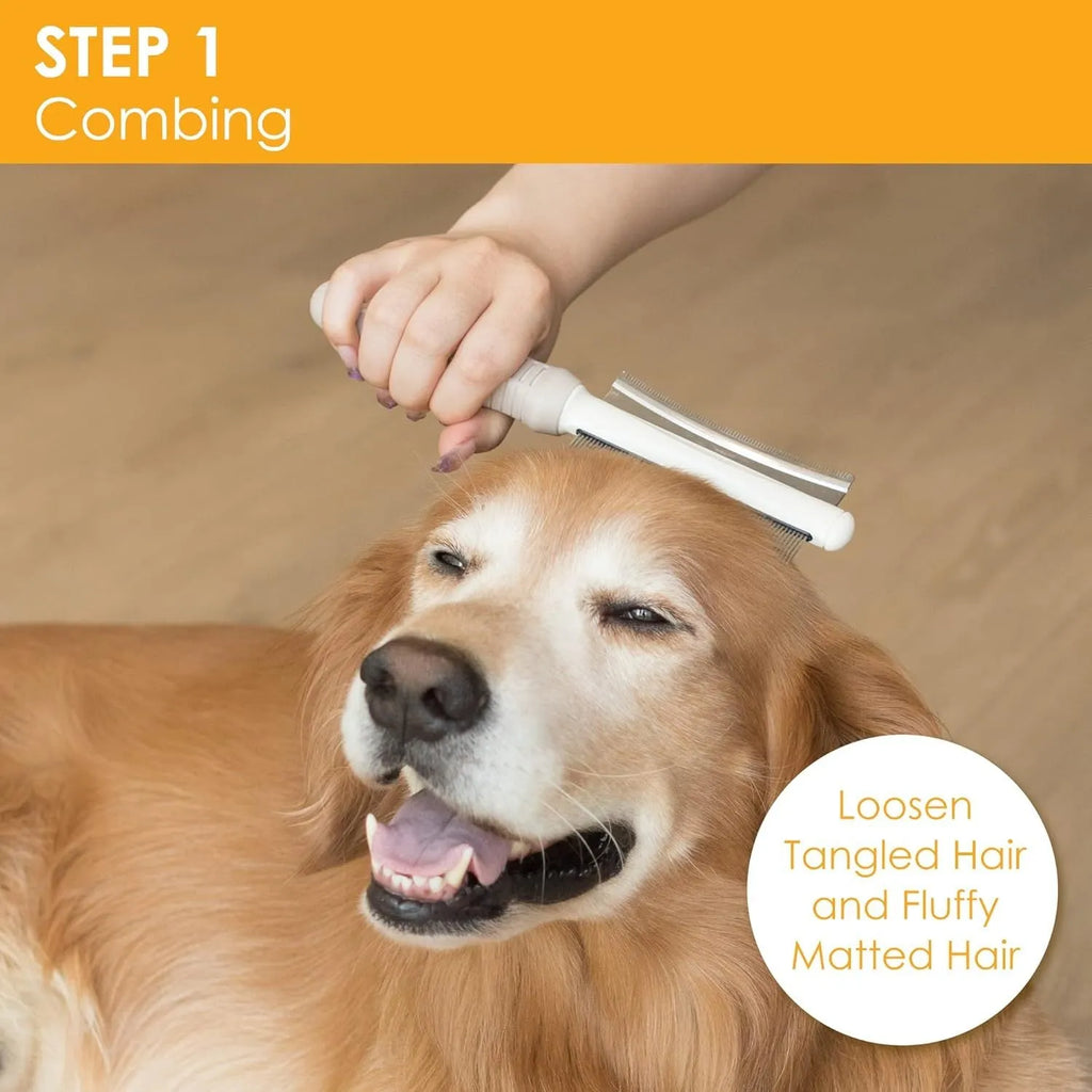 White 2 in 1 dog cat deshedding brush with curved comb design and anti-slip handle for pet grooming