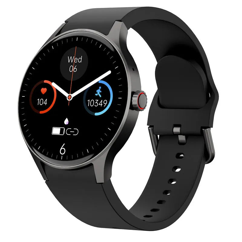 Men's and women's smart Bluetooth sport watch with 1.43-inch round screen in black, blue, pink, or red colour options