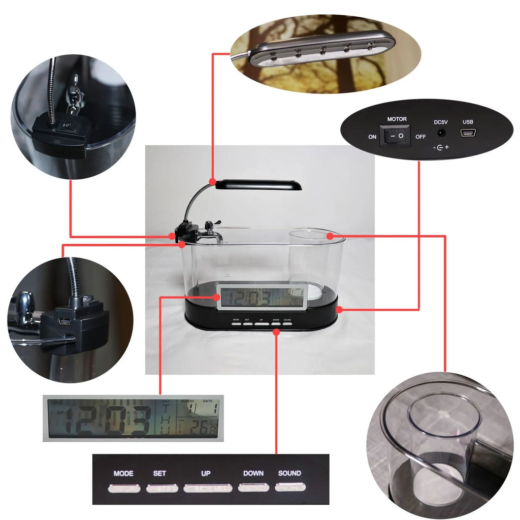 Black USB desktop mini aquarium pen holder with transparent tank and time, date, week, temperature display