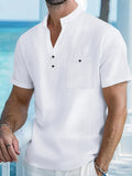 Men's loose-fit linen stand collar T-shirt in solid colour with short sleeves, shown in apricot on a hanger.