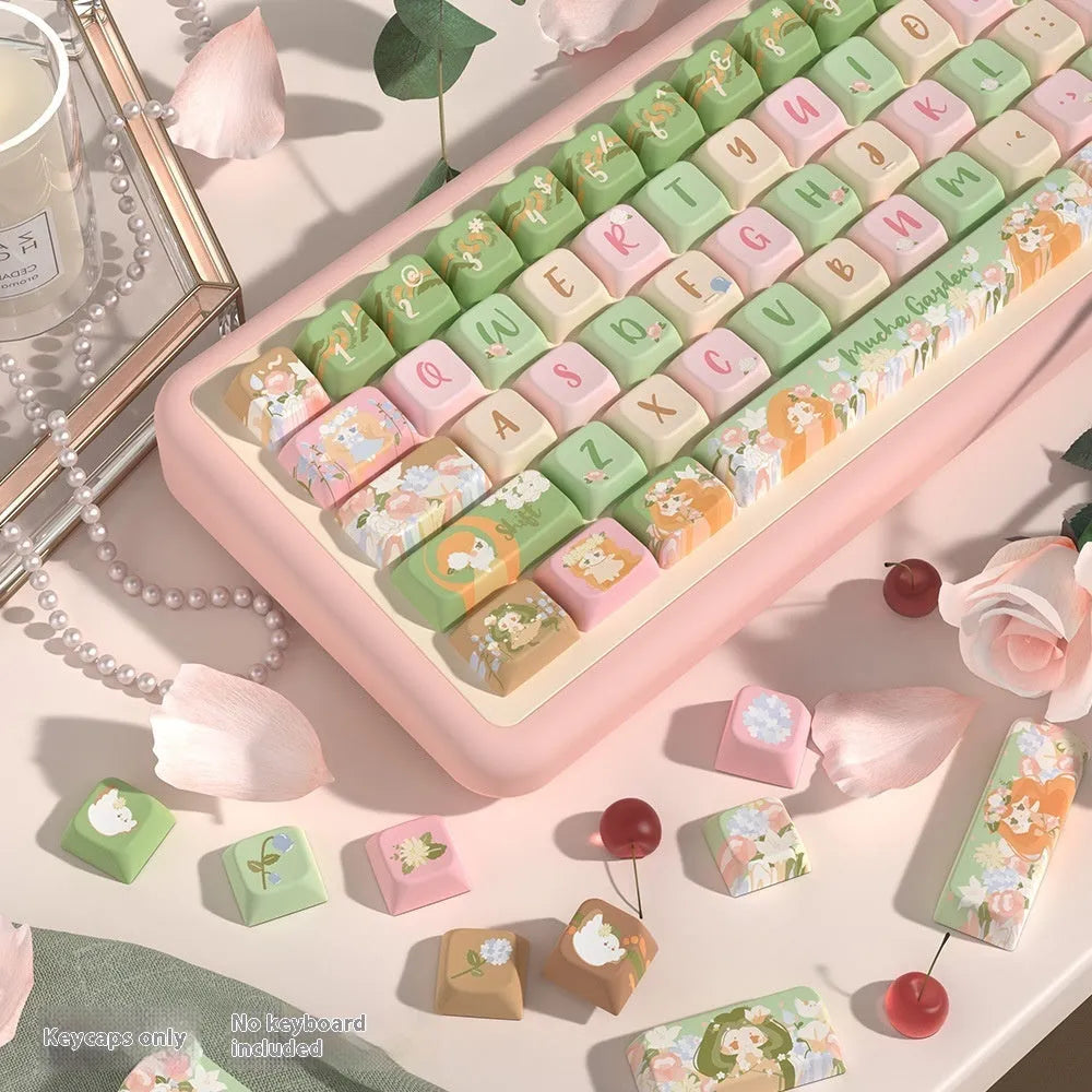 Mu Xia Garden Original Key Cap set in Summer Garden colour with sublimated custom graphics, showing 138-key and 158-key options