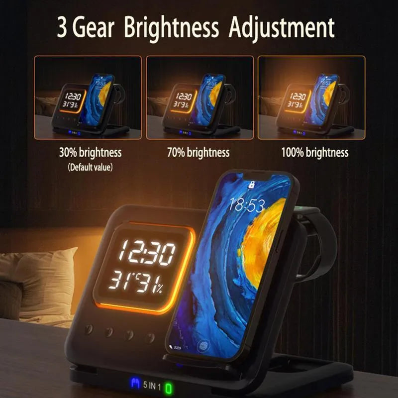 Black and white wireless charging stand with digital clock displaying time and temperature, charging a phone and smartwatch.