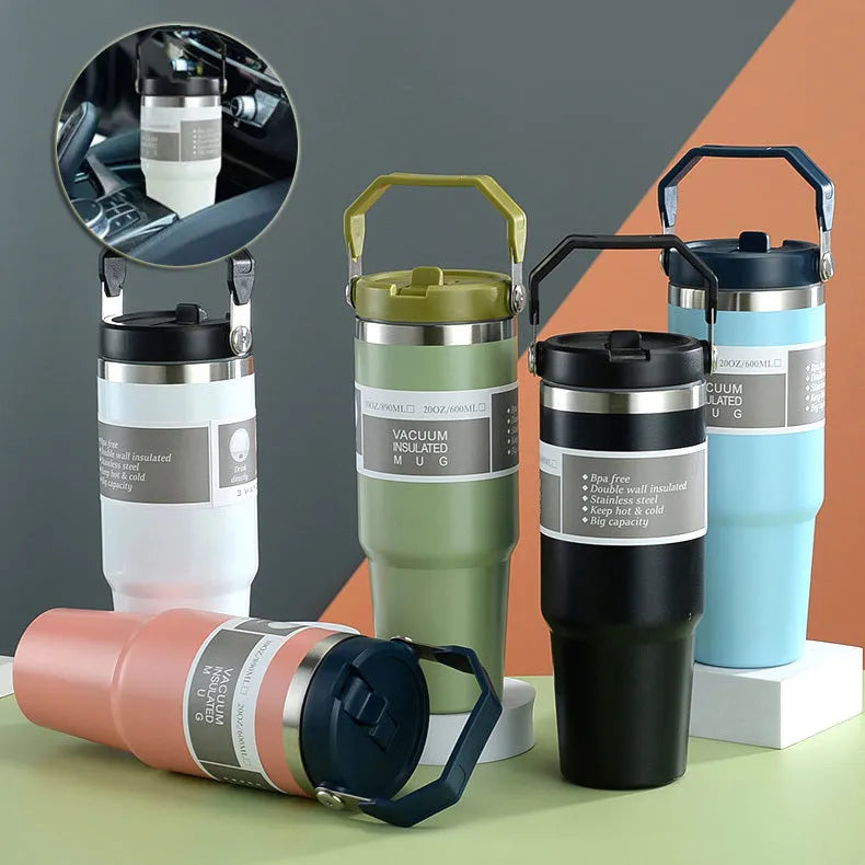 30oz stainless steel travel tumbler with handle and sliding lid in dark pink colour