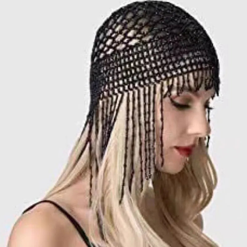 Handmade beaded belly dance hat with alloy tassel, 23cm width silver mesh decorative headwear