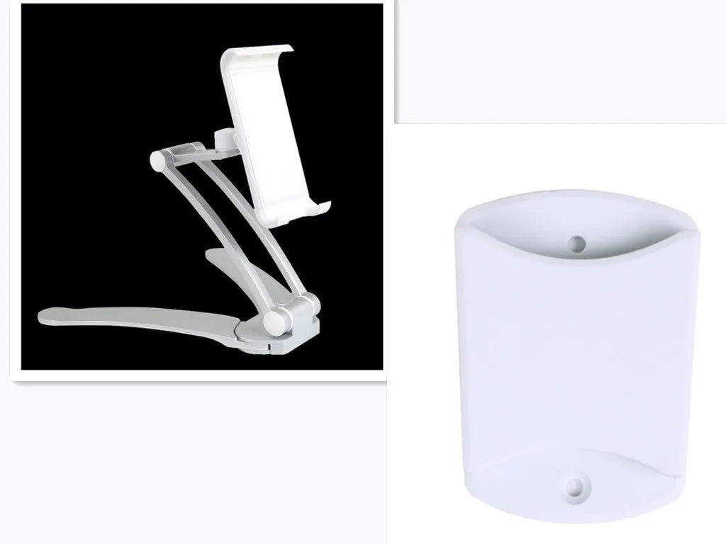 Aluminium alloy desktop tablet stand with adjustable clips and 360-degree rotation for tablets up to 10.5 inches