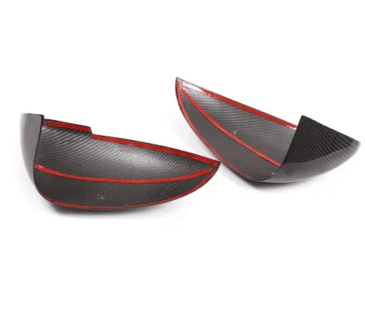 Carbon fibre mirror covers for Porsche Macan, black colour, dimensions 27.5cm by 16.3cm by 13.8cm