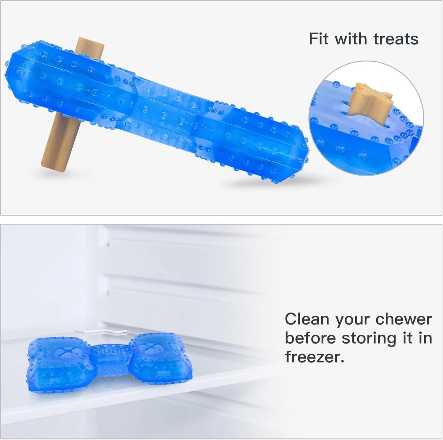 Freezable dog teething cooling chew toy with treat compartment in Bones and Circles shapes