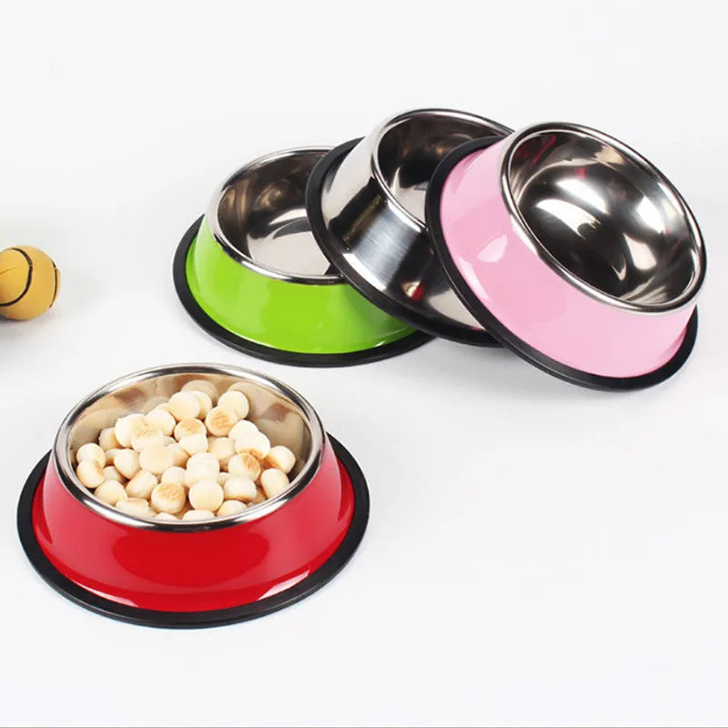 Stainless steel pet bowl with colourful melamine exterior and non-slip base for pet feeding