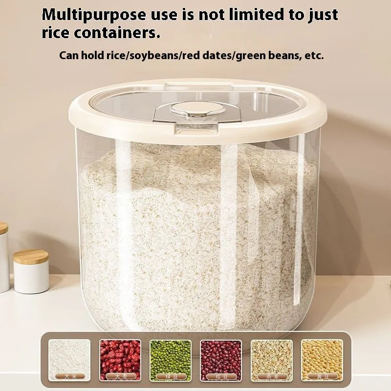 Transparent plastic grain storage tank with measuring cup, showing clear capacity markings.
