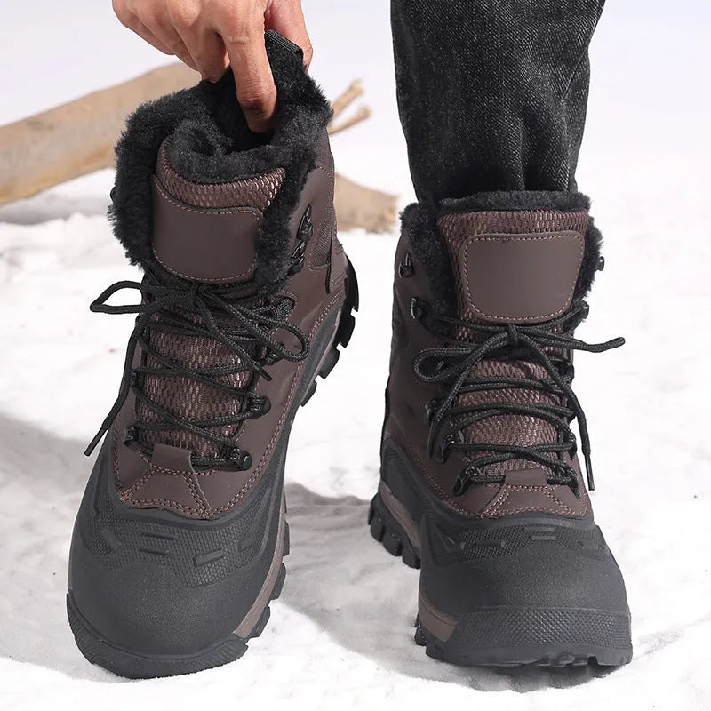Black high-top men's boots with fleece lining, TPR ribbed sole, and lace-up front in size 42