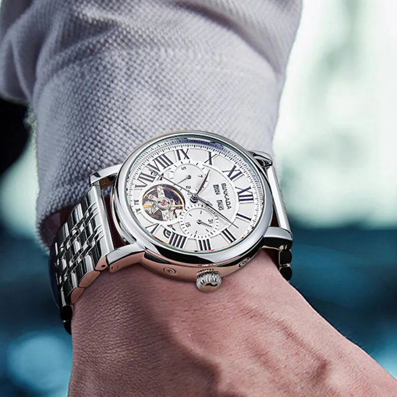 Men's automatic waterproof watch with stainless steel band in business styling