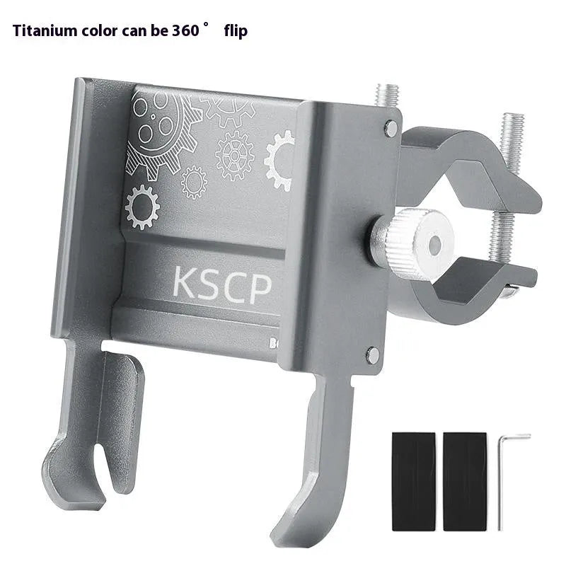 Aluminium alloy mobile phone holder mounted on a bicycle handlebar, shown in black.