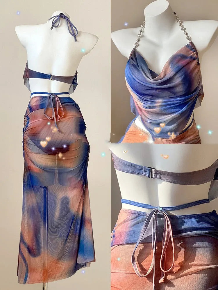 Women's three-piece bikini set with steel wire push-up support in printed colours