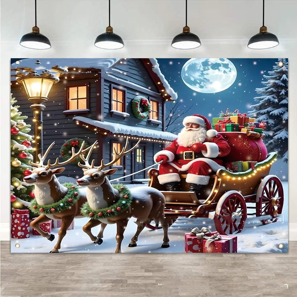 Red Christmas banner with Santa Claus design measuring 210 by 150 centimetres