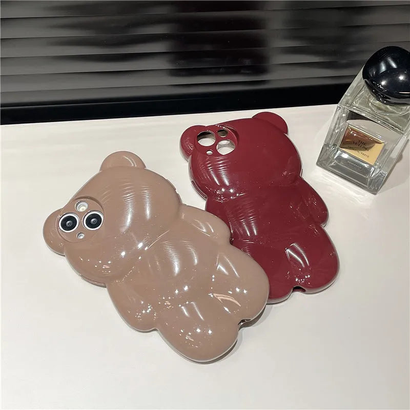 Silicone iPhone case with 3D bear design in khaki or wine red, anti-fall soft shell for iPhone 11-14 models
