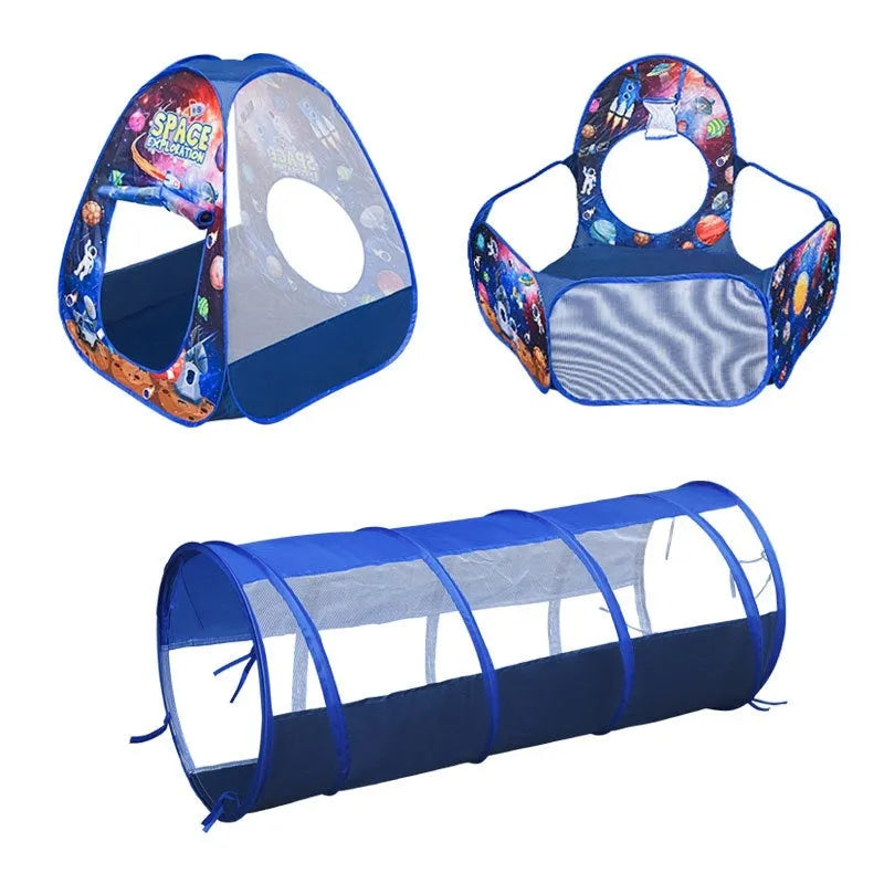 Three-piece children's play tent with marine cartoon design and tunnel sections for 4-6 year olds