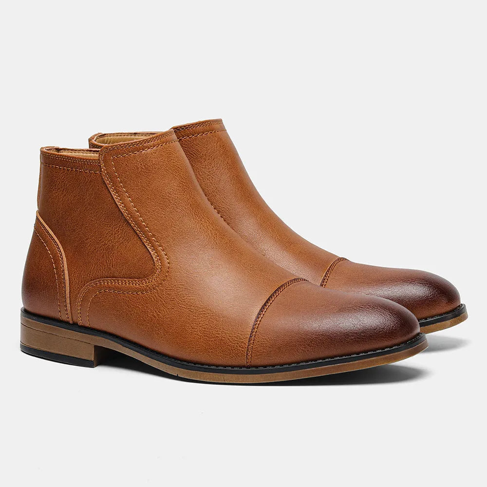 Men's plus size brown Chelsea ankle boot with a side zip, round toe, and low wooden sole.