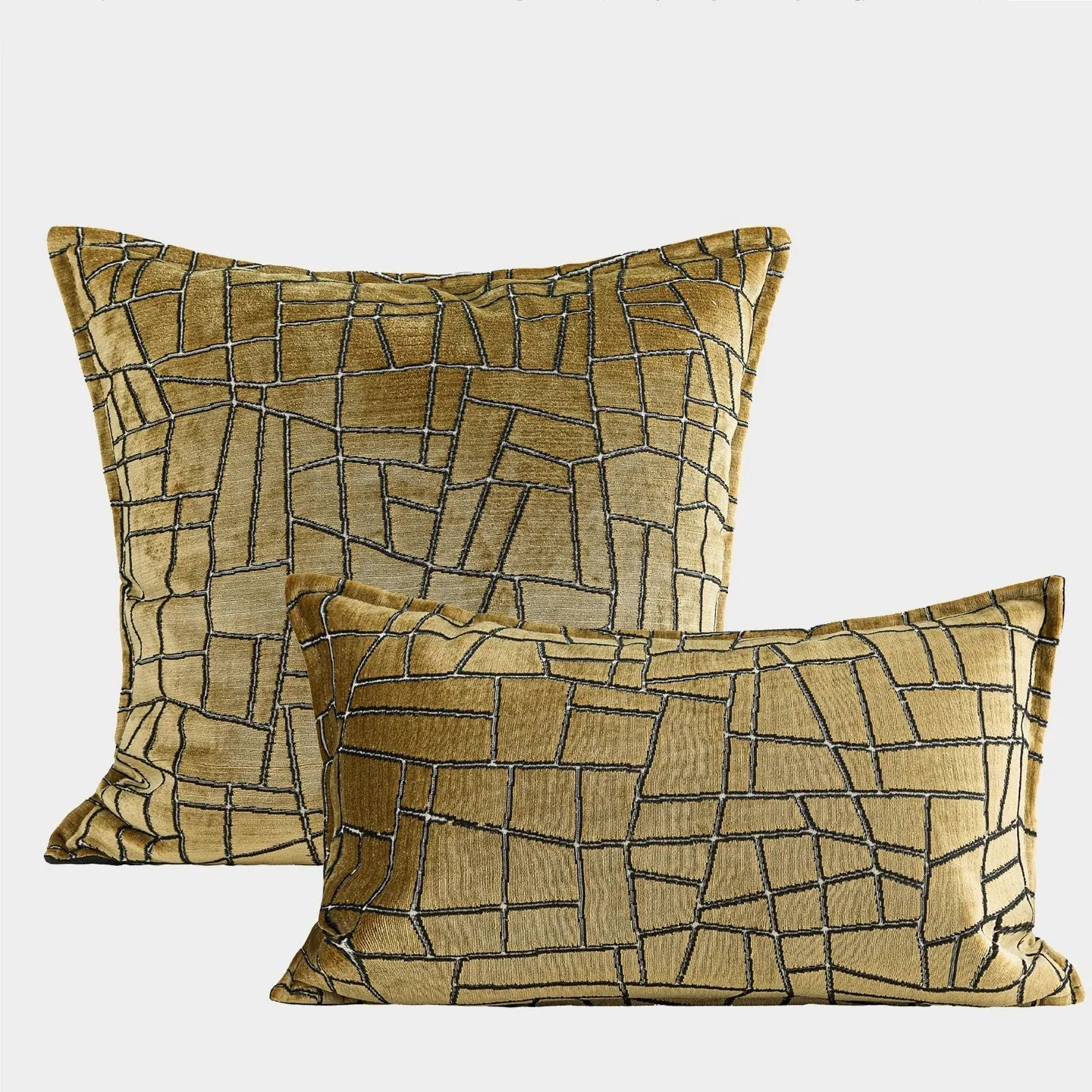 Tuhao gold geometric abstract pillow in 50x50cm size with feather velvet texture on a sofa