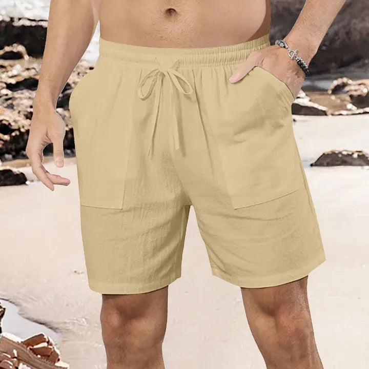 Men's straight-leg linen shorts in light blue colour for summer casual wear