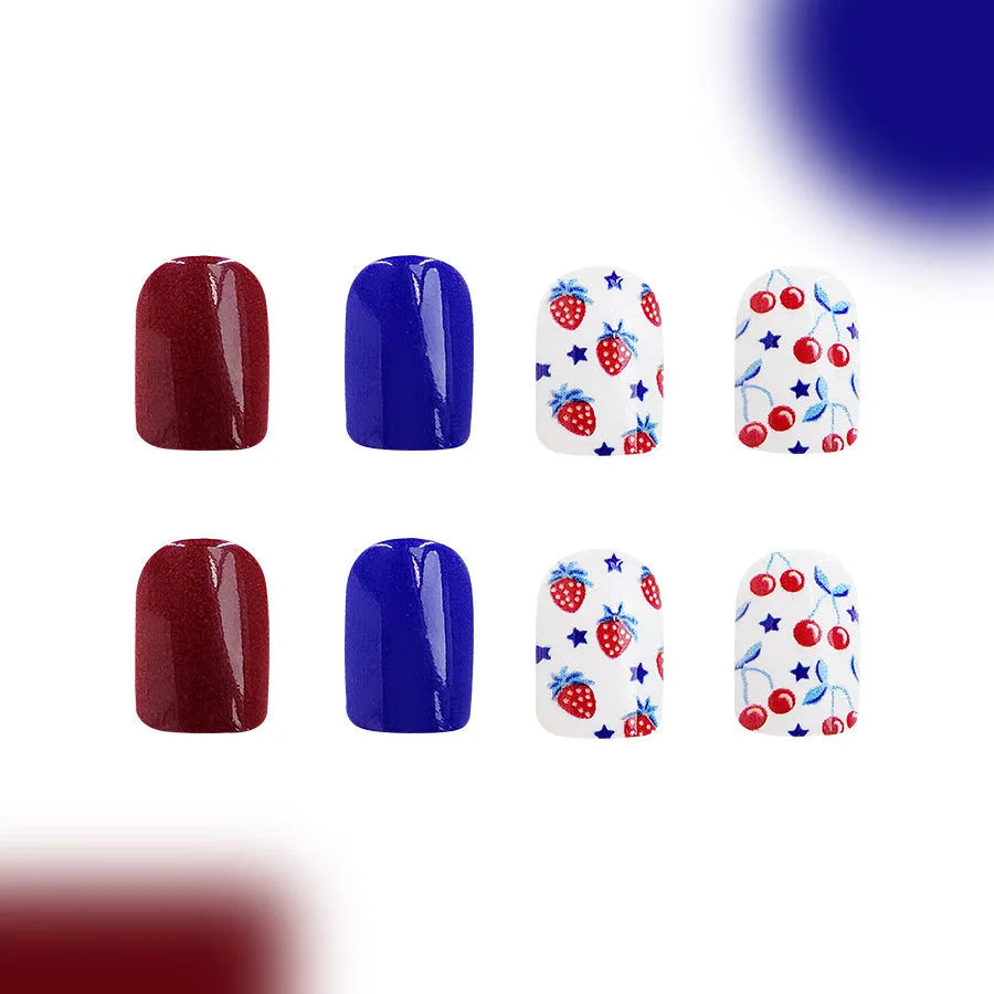 Short glossy nail stickers with strawberry and cherry patterns for Independence Day, 24-piece set