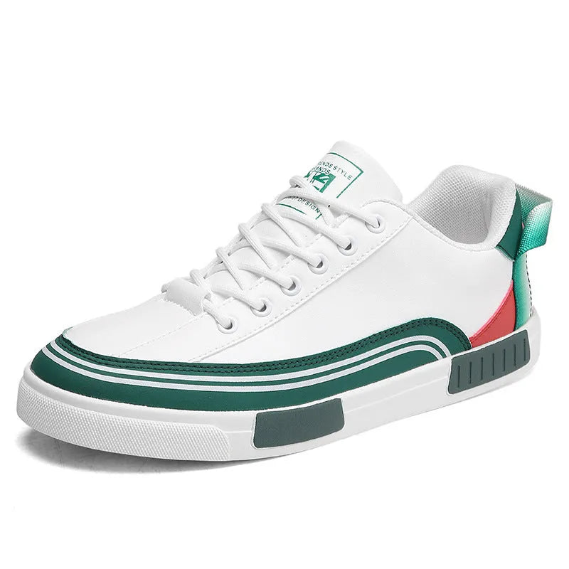 Men's beige, white and green canvas casual shoes with mesh panels, flat heel, and round toe.