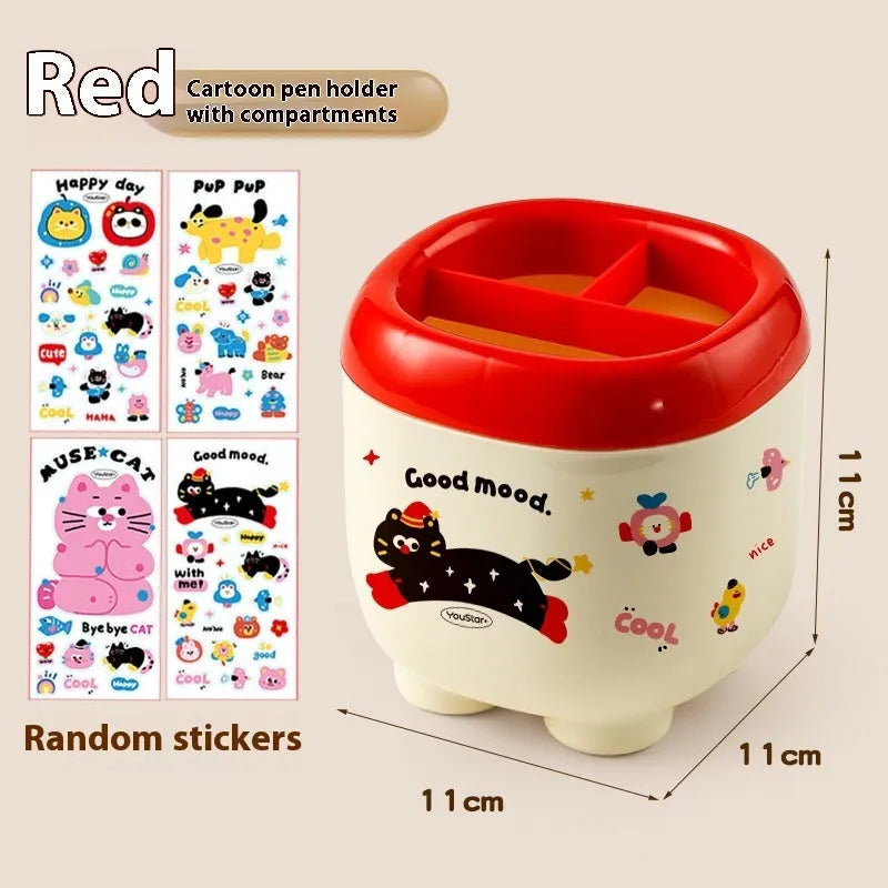 Red and brown cartoon-style desktop organiser with grid design for stationery and cosmetics storage