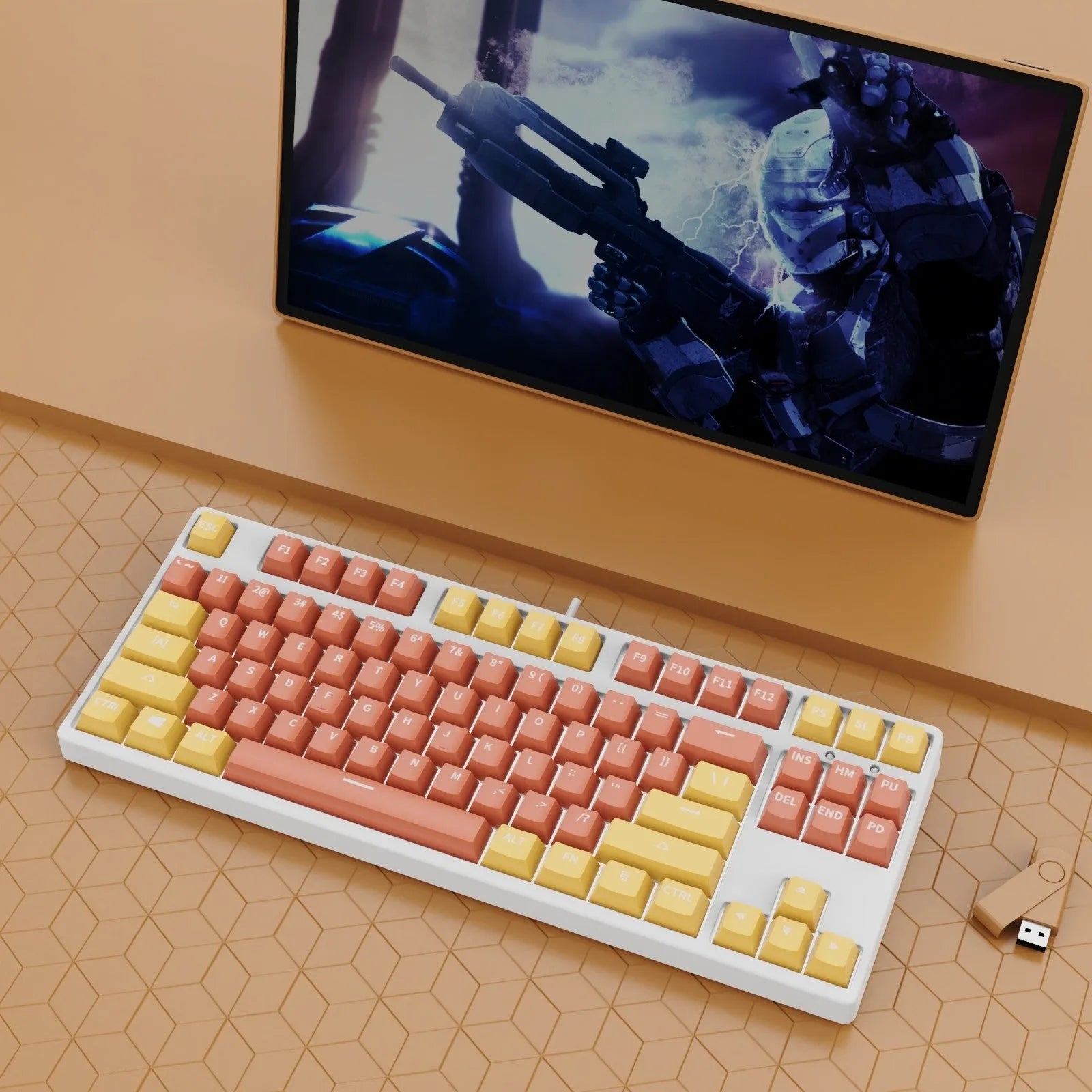 87-key wired mechanical keyboard with two-tone keycaps and metal frame, showing compact design and included tools