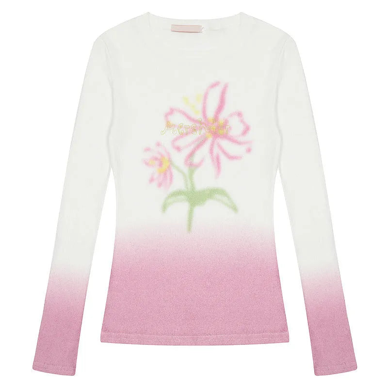 Women's long sleeve gradient colour t-shirt in light pink or yellow green