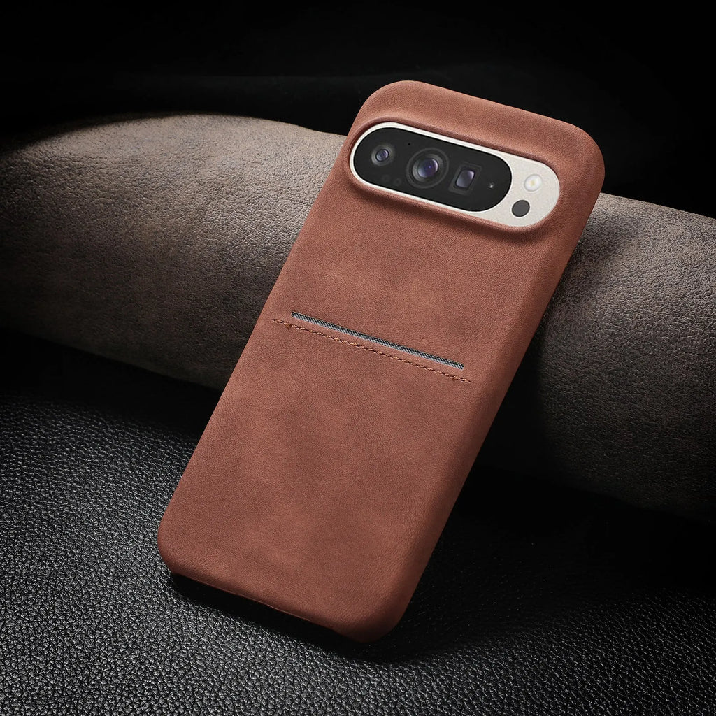 Google Pixel phone case in vintage sheepskin with hard PC shell, frosted finish and card-insertion slot