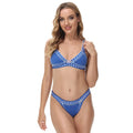 Women's stretch split bikini set with hook and eye closure, nylon fabric, yellow or blue, sizes S M L