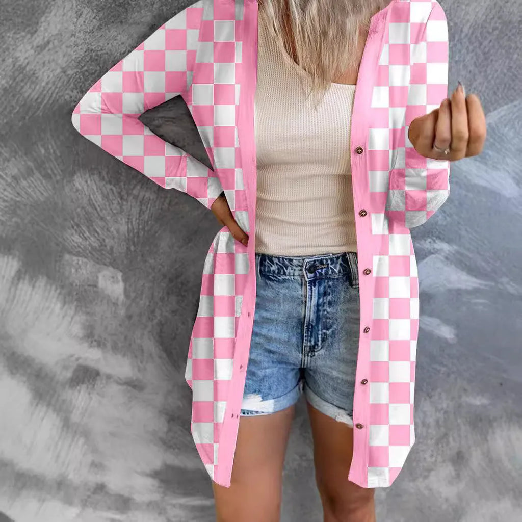 Women's long grey plaid knitted cardigan coat with a loose fit and regular sleeves on a hanger.