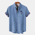 Linen short-sleeved shirt with ocean fish pattern lapel, loose fit, available in multiple colours and sizes.