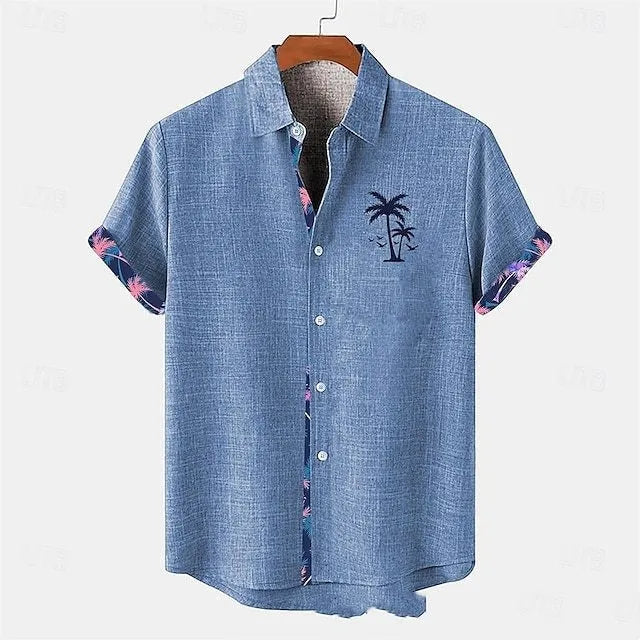 Linen short-sleeved shirt with ocean fish pattern lapel, loose fit, available in multiple colours and sizes.