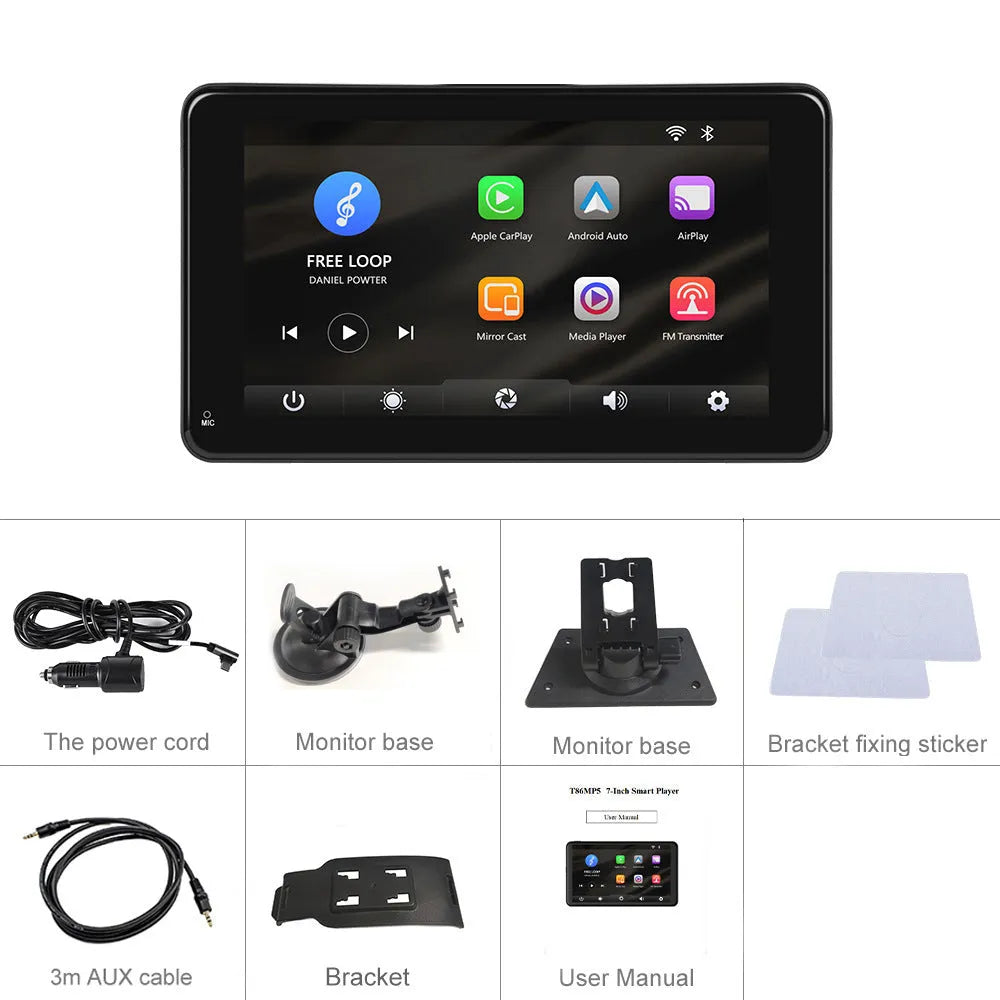 7-inch HD wired screen player with 1024 x 600 resolution, universal supports, and cigarette lighter plug for car installation