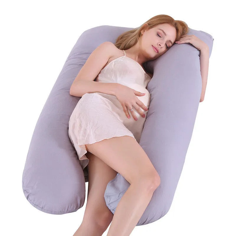 U-shaped pregnancy pillow in light blue with ice silk fabric, showing full 130cm length