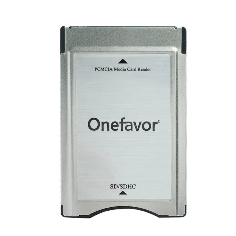 SD to PCMCIA adapter card with 32GB SDHC, stainless steel housing, dimensions 85.6mm x 54mm x 5mm