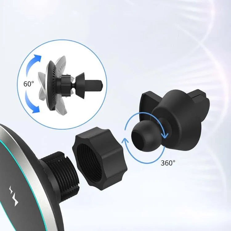 15W magnetic wireless car charger with air vent clip bracket.