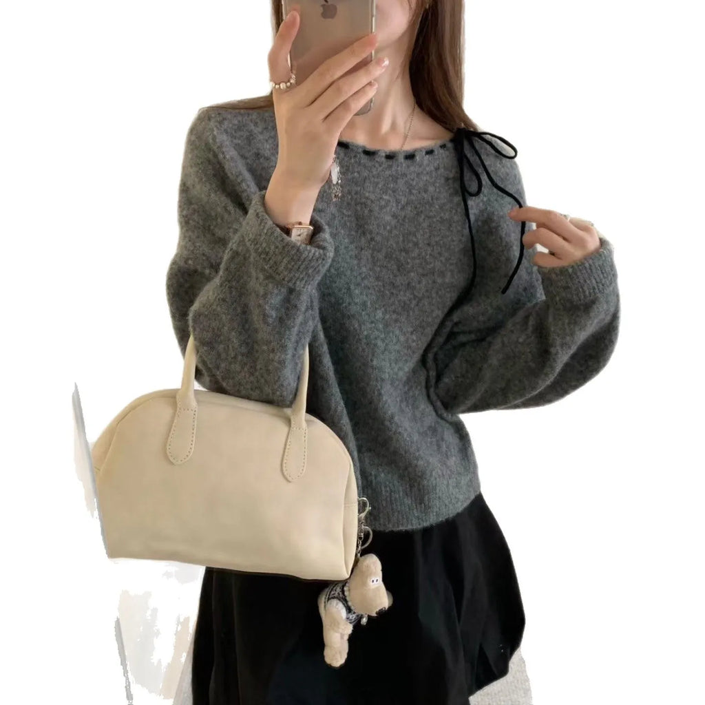 Women's grey loose-fitting pullover knitwear made from regenerated cellulose fibre
