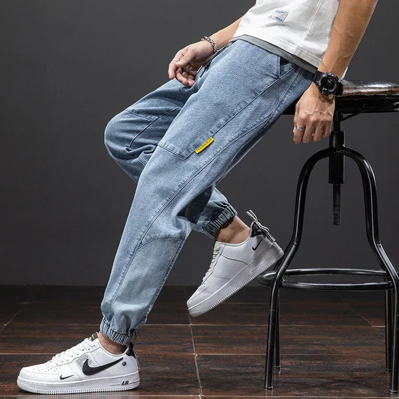 Men's loose cargo casual jeans in 2083 blue with straight-leg cut and micro-elastic cotton fabric