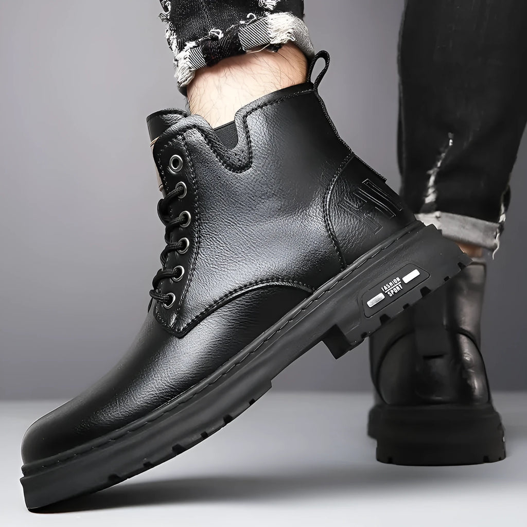 Men's black British Martin boots with thick rubber sole and front lace-up design
