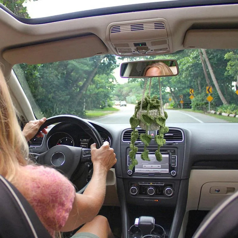 Green and white fishing style car plant decoration with 8cm basin base and 25cm hanging rope