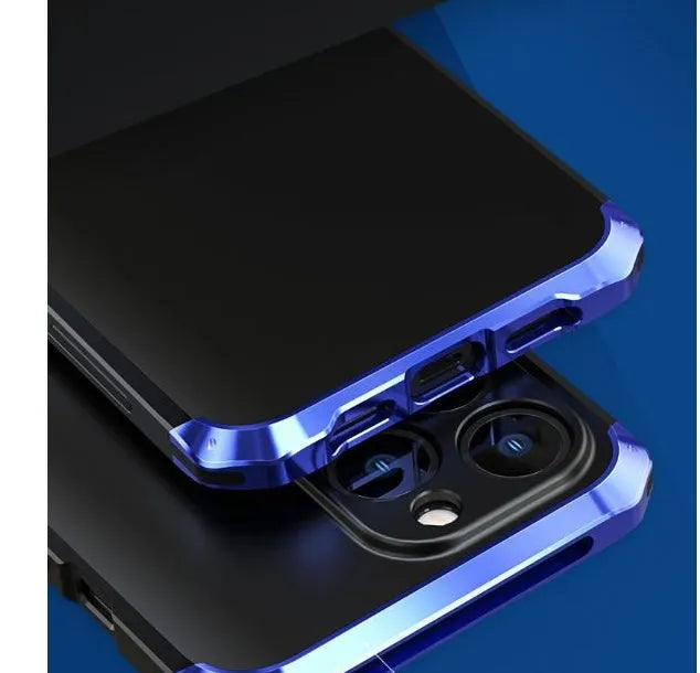 Aluminium alloy and plastic full frame iPhone 13 case in solid black, blue, silver, or yellow