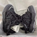 Women's grey clunky sneakers with 6-8cm heel, microfiber upper, and rubber sole for hiking, front tie-up design